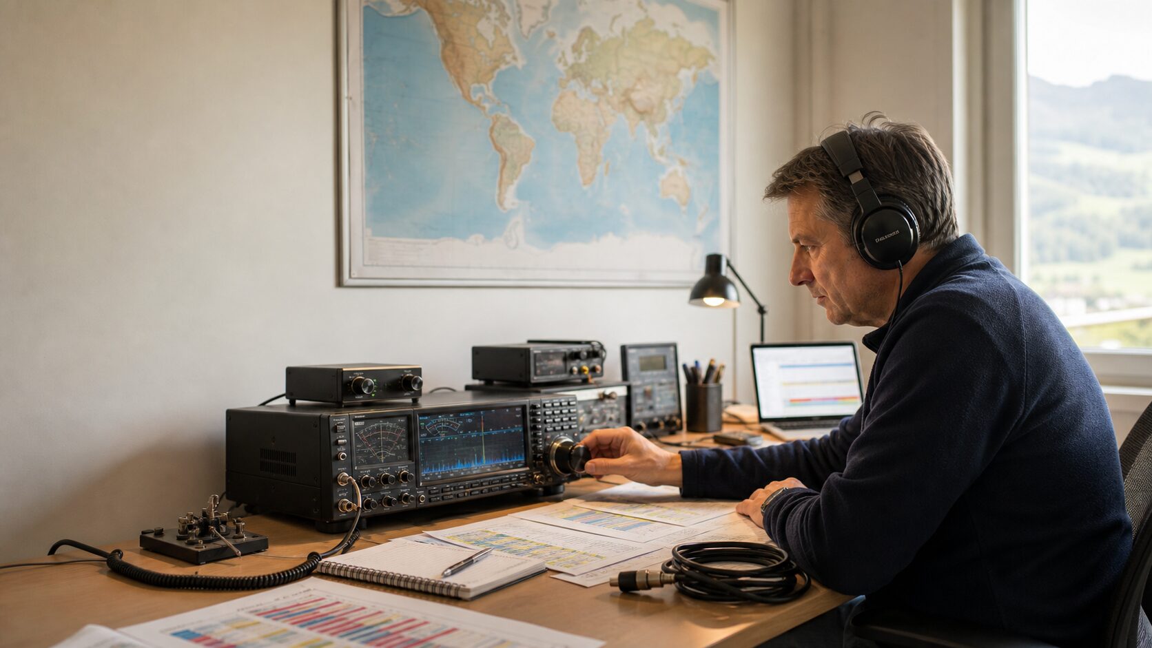 Amateurfunkstation mit HF-Funkgerät und Bandplan-Unterlagen