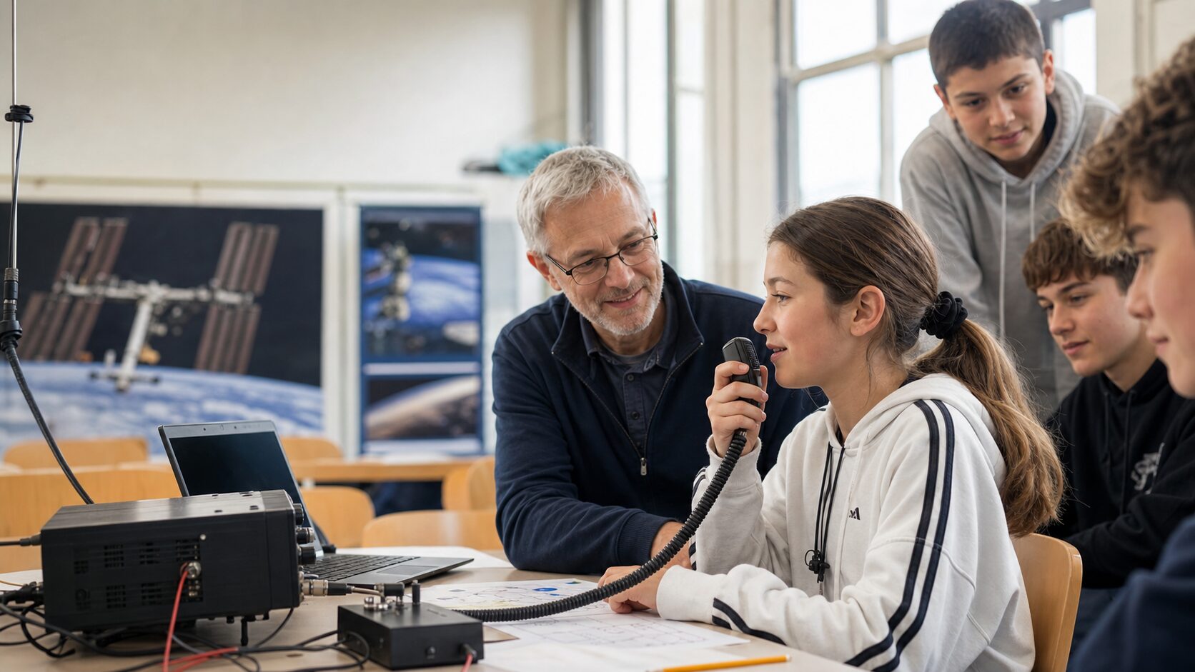 Schülerinnen und Schüler führen einen Amateurfunkkontakt zur Raumstation durch