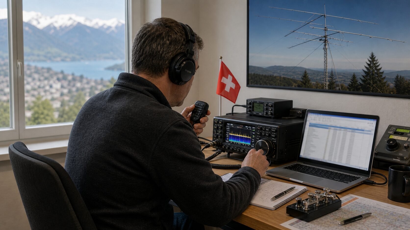 Operator an KW-Conteststation mit Funkgerät, Logbuch und Antennenbild