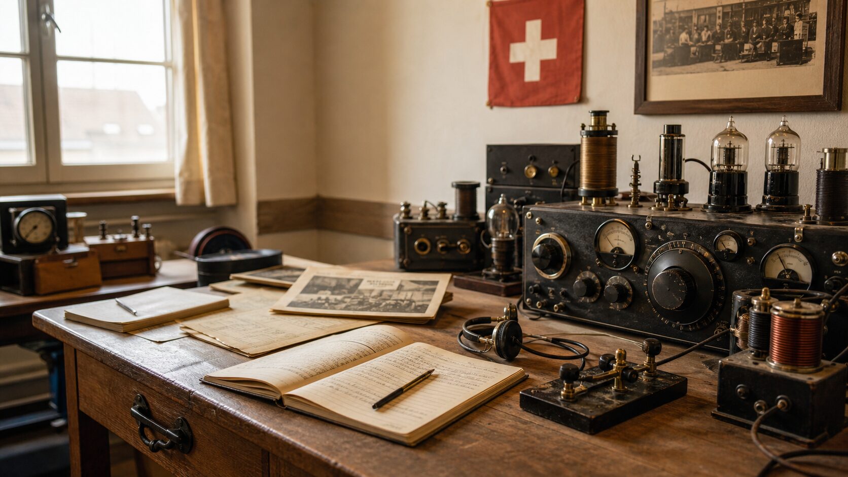 Historische Amateurfunkstation mit Röhrengeräten, Morsetaste und Schweizer Flagge