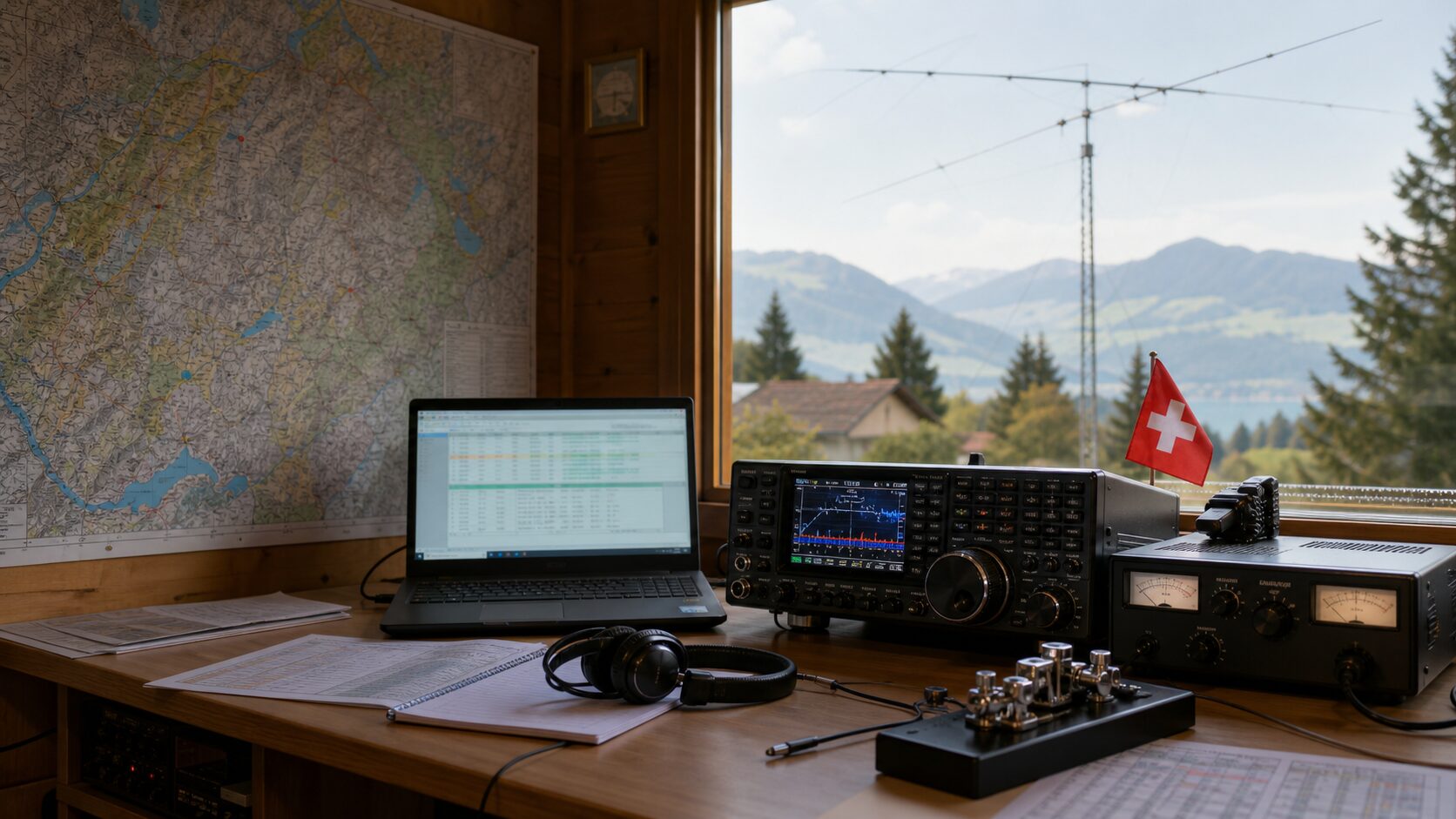 Realistische KW-Conteststation mit Funkgerät, Logbuch und Antenne
