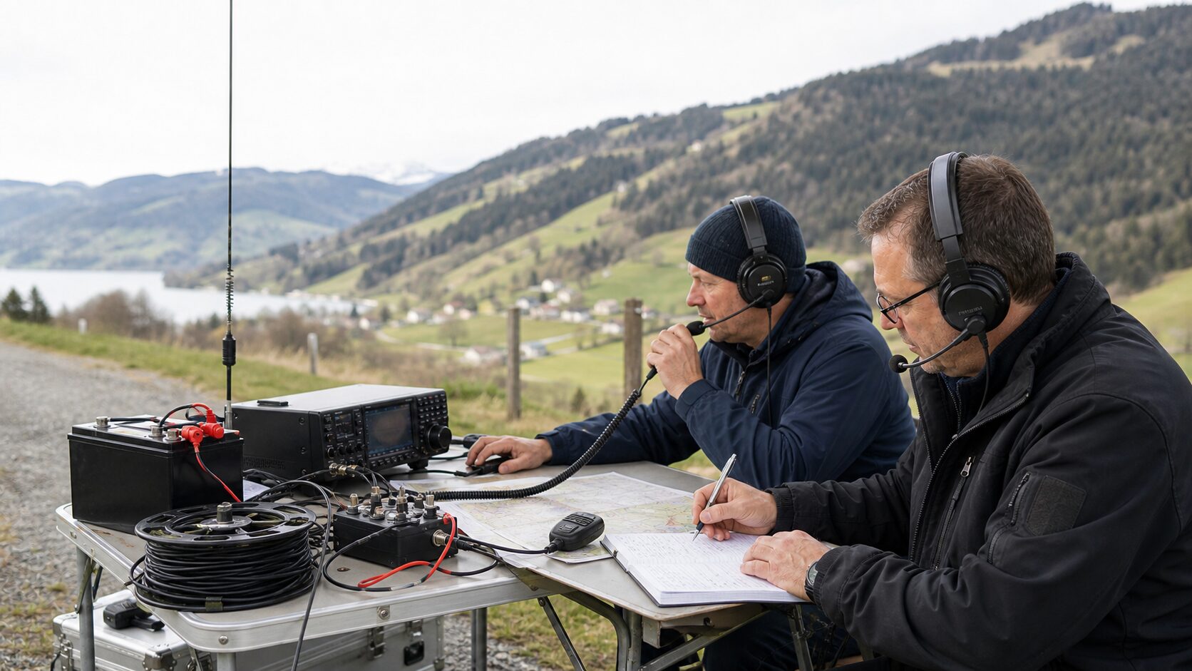 Portable amateur radio emergency communications contest station with operators and maps