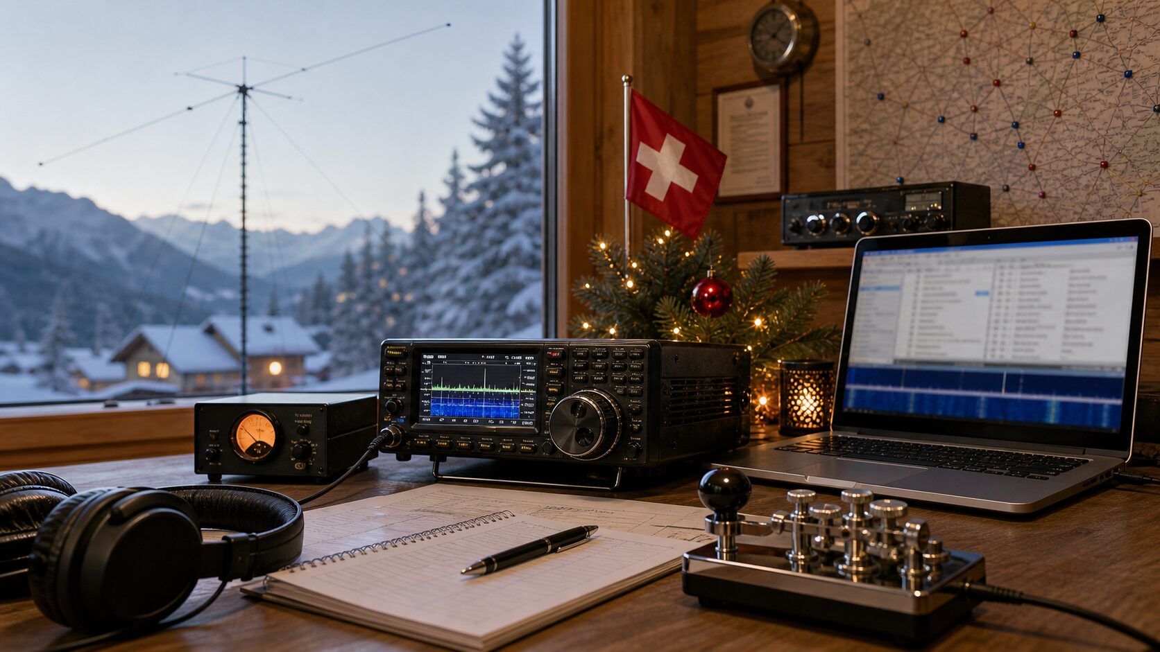 Weihnachts-Conteststation für CW und Digitalbetrieb mit Morsetaste und Winterantenne