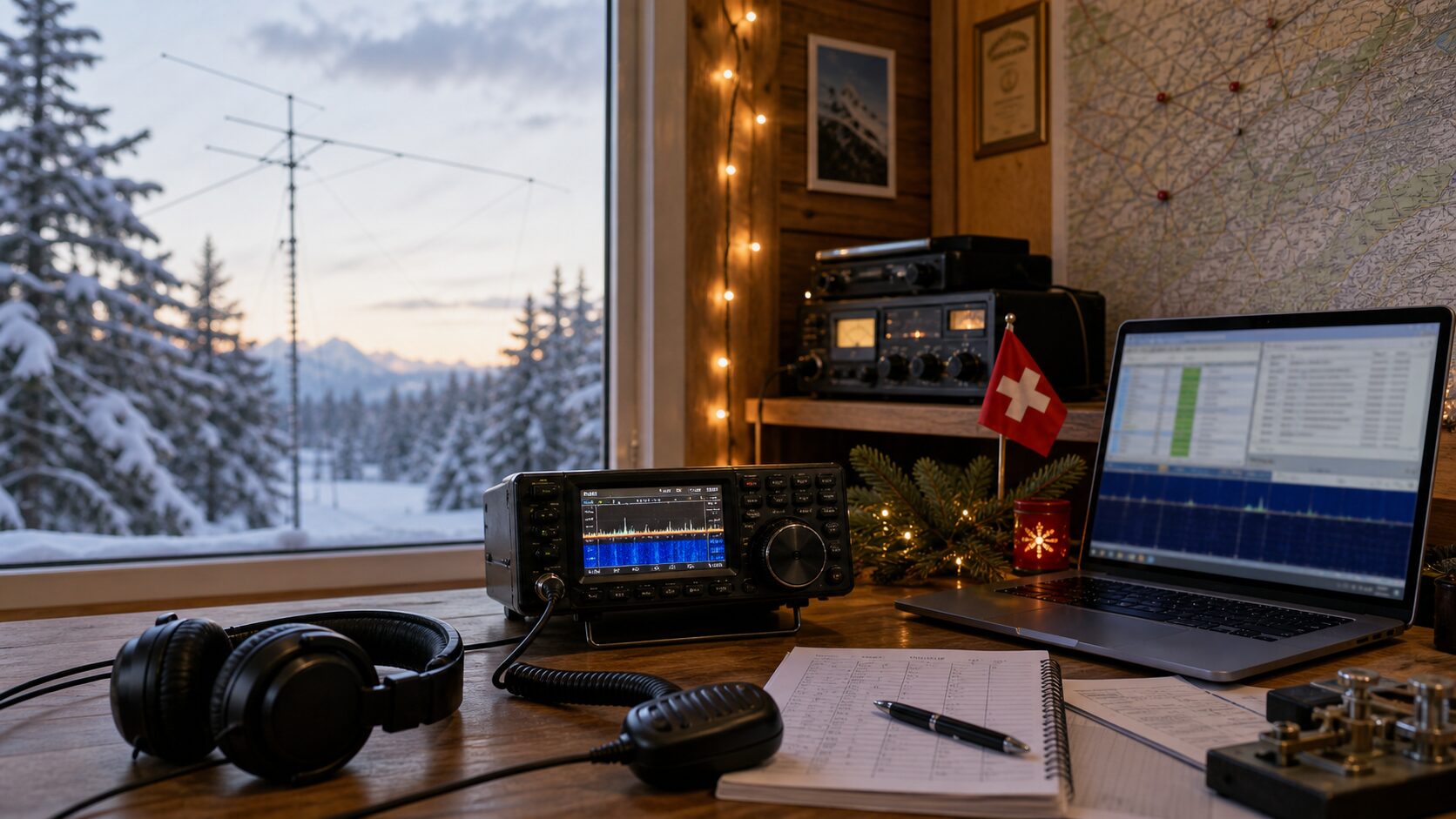 Weihnachts-Conteststation für SSB und Digitalbetrieb mit Funkgerät und Winterantenne