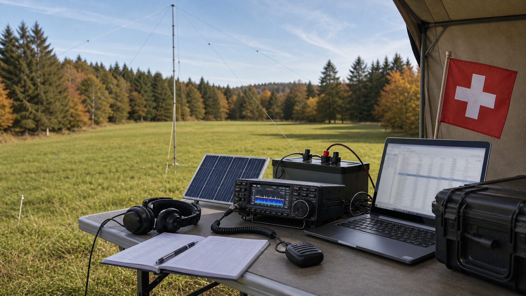 Portable Field-Day-SSB-Funkstation mit Mikrofon, Batterie und Antennenmast
