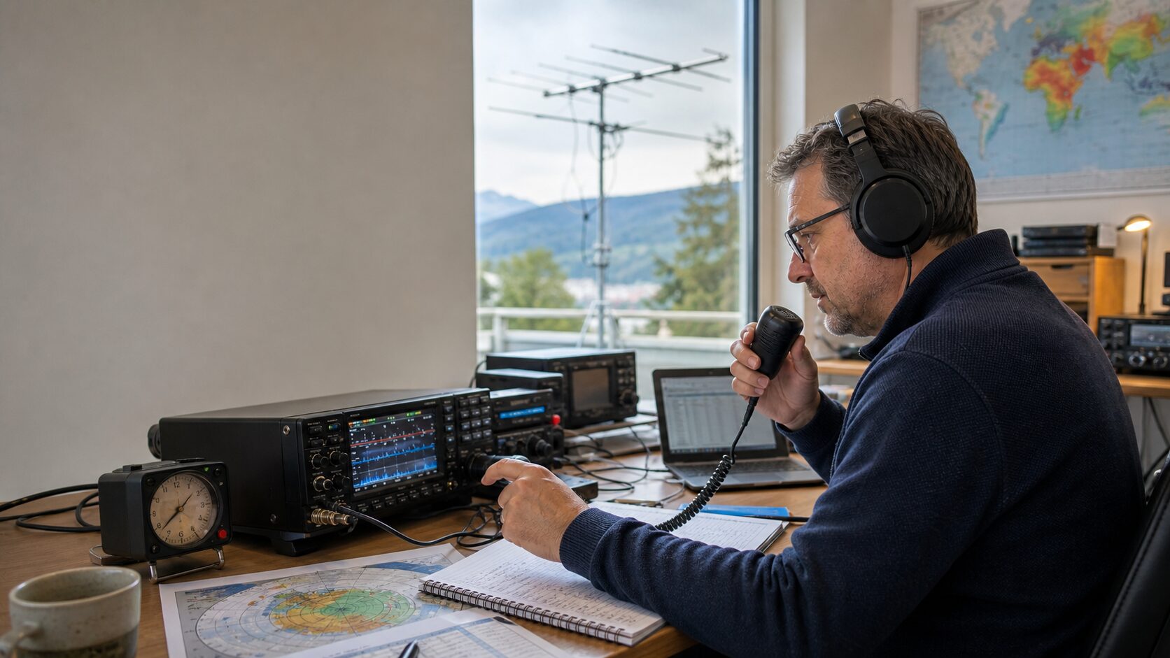 Radio amateur operating a 50 MHz contest station