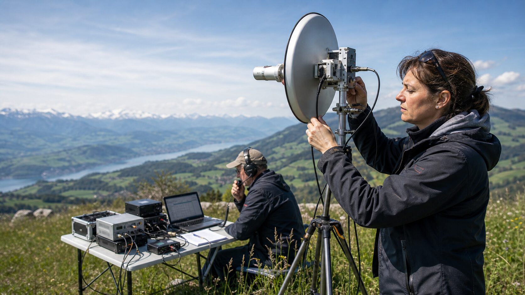 Funkamateurin richtet eine Mikrowellenantenne im Contest aus
