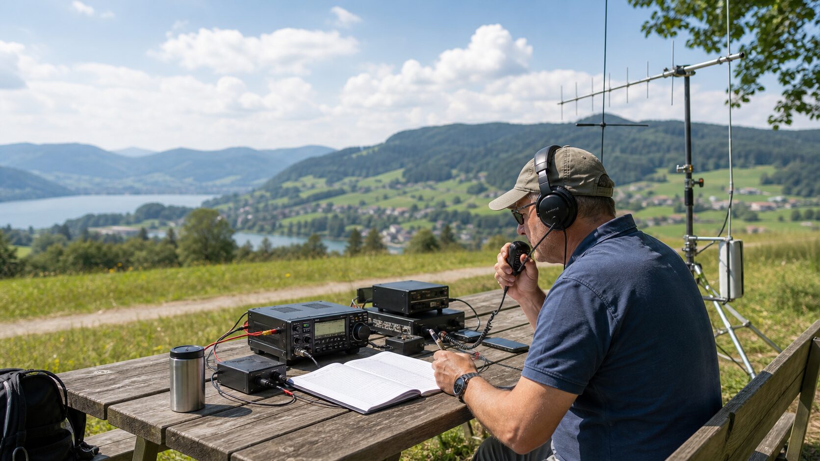 Summer Swiss VHF UHF mini contest station with radio operator
