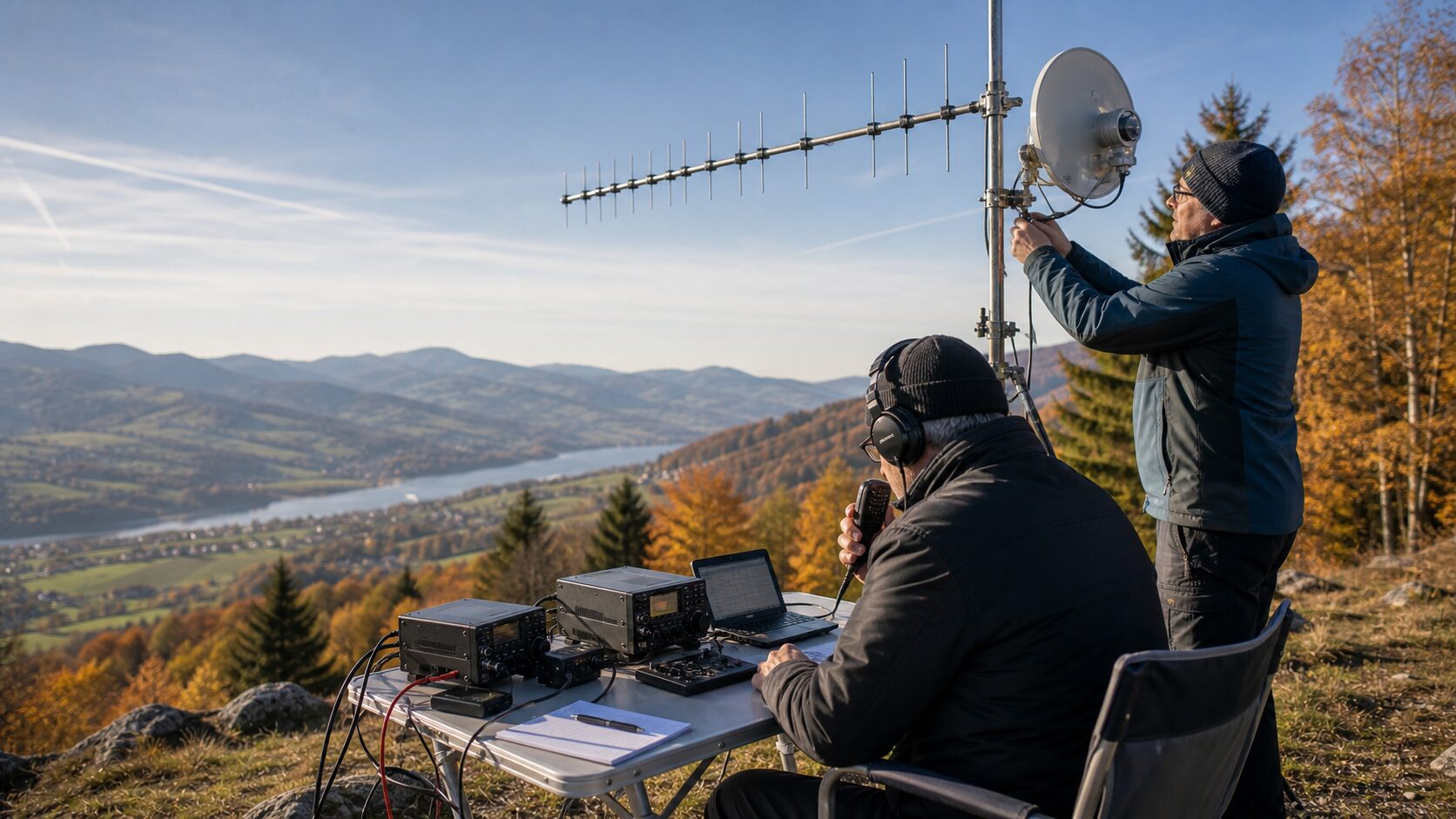 Autumn UHF microwave contest station with antennas and operators