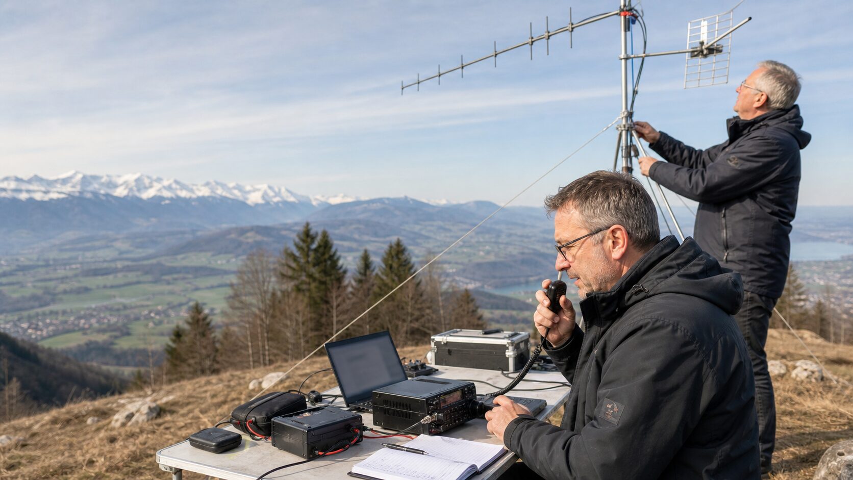 Early spring portable VHF UHF contest station on a Swiss hilltop