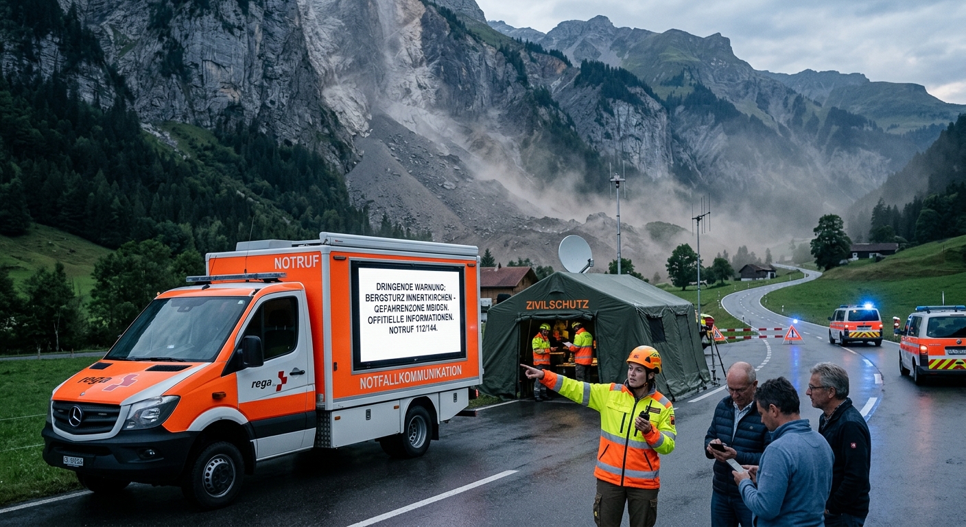 Notfallkommunikations-Fahrzeug und Zivilschutz-Einsatzzelt an einer Strassensperre vor einem Bergsturz im Alpental